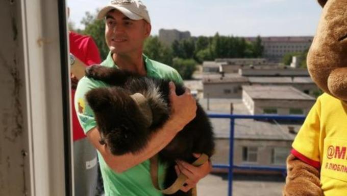 Медвежонок из барнаульского зоопарка на автокране посетил больных детей